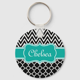 Blauwgroen naam zwarte balk / Chevron Pattern Sleutelhanger