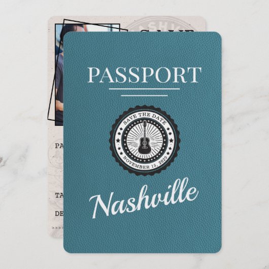 Blauwgroen Nashville Passport Bewaar de datum Save The Date (Voorkant / Achterkant)