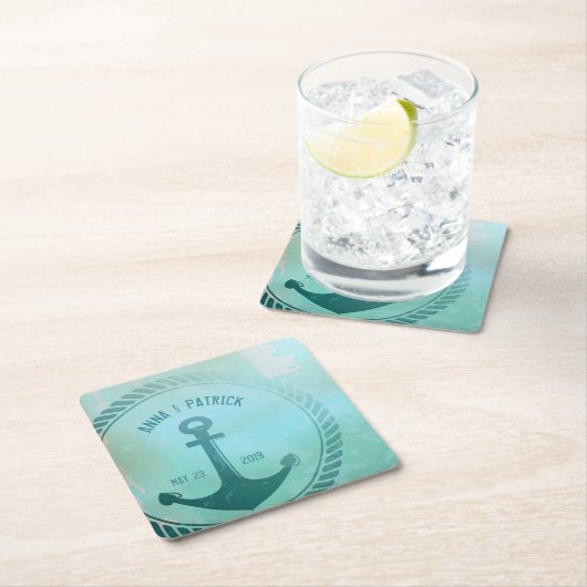  Blauwgroen Nautisch Anker Custom Wedding Favoriet Kartonnen Onderzetters (Insitu)