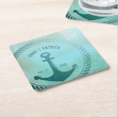  Blauwgroen Nautisch Anker Custom Wedding Favoriet Kartonnen Onderzetters (Schuin)