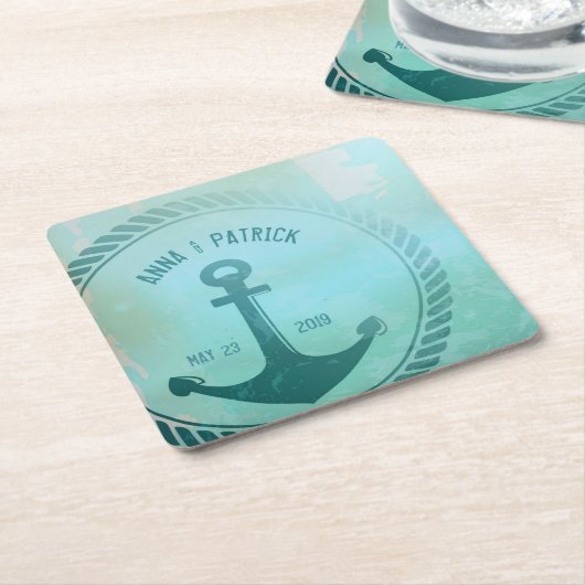  Blauwgroen Nautisch Anker Custom Wedding Favoriet Kartonnen Onderzetters (Schuin)