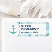 Blauwgroen nautisch anker en kustbubbel met strand etiket (Insitu)