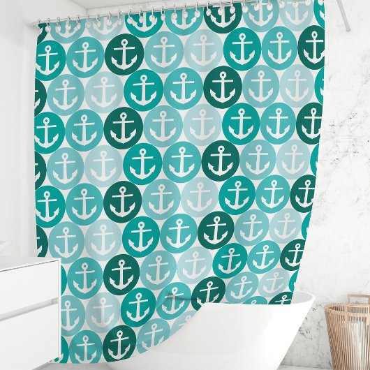 Blauwgroen nautisch anker polka dot douchegordijn