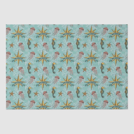 Blauwgroen nautische ster aangepaste tekst marien tissuepapier (Voorkant)