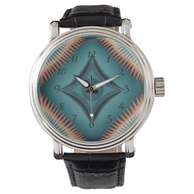 Blauwgroen Navajo Peach Sunburst Horloge (Voorkant)
