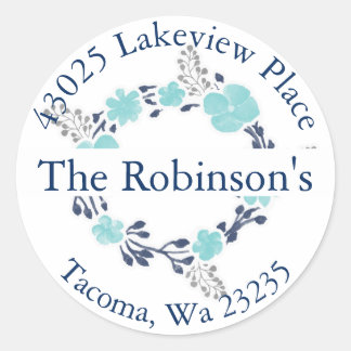 Blauwgroen & Navy Blue Floral Wreath Retouradres - Ronde Sticker