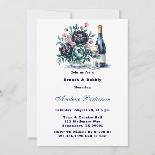 Blauwgroen Navy Blue Peony Flowers Brunch en Bubbl Kaart (Voorkant)