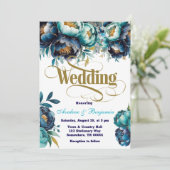 Blauwgroen Navy Blue Waterverf Peony Wedding Kaart (Staand voorkant)