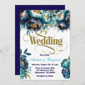 Blauwgroen Navy Blue Waterverf Peony Wedding Kaart (Voorkant / Achterkant)