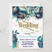 Blauwgroen Navy Blue Waterverf Peony Wedding