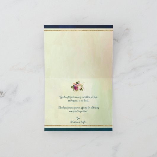 Blauwgroen, Navy, Groen, Gouden Vette Bloemen Brui Bedankkaart (Binnen)