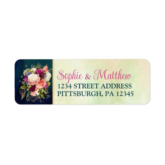 Blauwgroen, Navy, Groen, Gouden Vette Bloemen Brui Etiket (Voorkant)