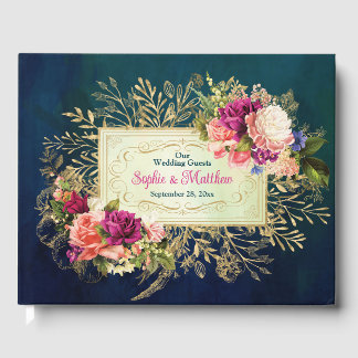Blauwgroen, Navy, Groen, Gouden Vette Bloemen Brui Gastenboek