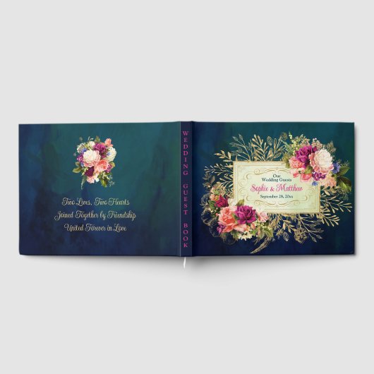 Blauwgroen, Navy, Groen, Gouden Vette Bloemen Brui Gastenboek (Volledig)