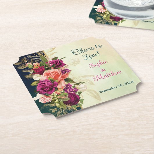 Blauwgroen, Navy, Groen, Gouden Vette Bloemen Brui Kartonnen Onderzetters (Gekanteld)