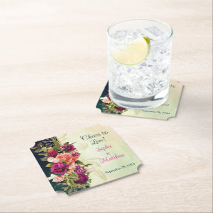 Blauwgroen, Navy, Groen, Gouden Vette Bloemen Brui Kartonnen Onderzetters