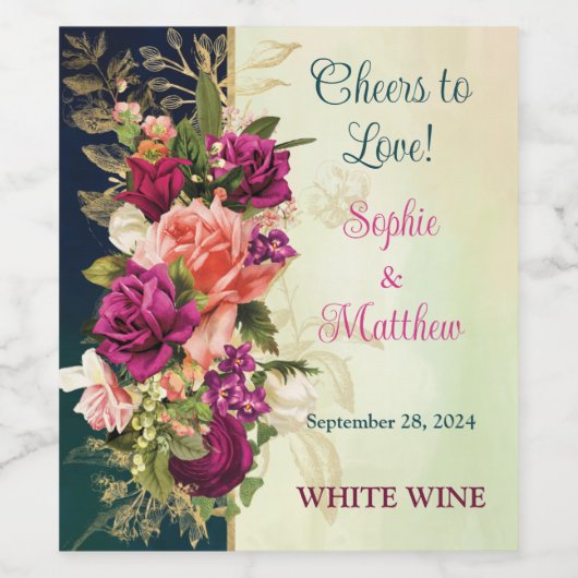 Blauwgroen, Navy, Groen, Gouden Vette Bloemen Brui Wijn Etiket (Enkel label)