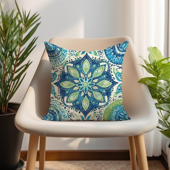 Blauwgroen Navy Limoen Mandela Boho Kussen (Teal Navy Lime Mandela Boho Throw Pillow)