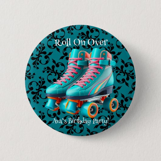 Blauwgroen Neon Rollerskate Verjaardagsfeest Custo Ronde Button 5,7 Cm (Voorkant)
