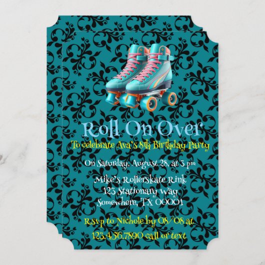 Blauwgroen Neon Rollerskate verjaardagsfeestje Kaart (Voorkant / Achterkant)