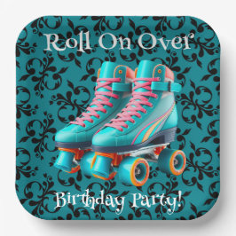 Blauwgroen Neon Rollerskate verjaardagsfeestje Papieren Bordje