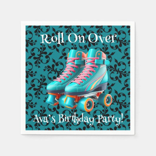 Blauwgroen Neon Rollerskate verjaardagsfeestje Servet (Voorkant)