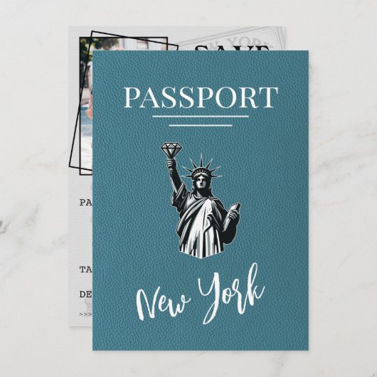 Blauwgroen New York City Passport Bewaar de datum Save The Date (Voorkant / Achterkant)