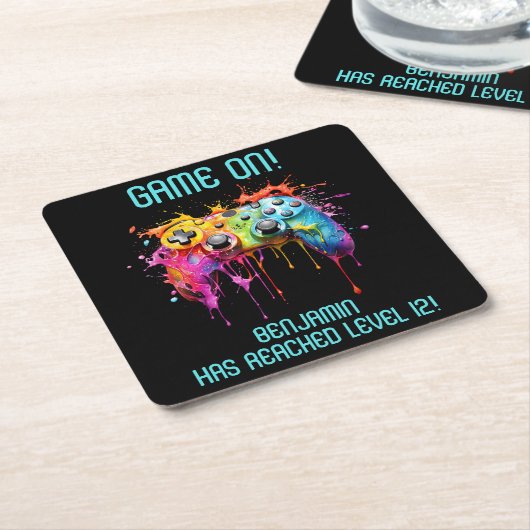 Blauwgroen Niveau Omhoog Videospelletje Kartonnen Onderzetters (Schuin)