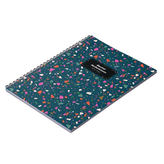 Blauwgroen Notitieboek Blue Terrazzo met naam en o (Linkerzijde)
