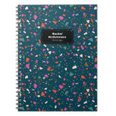 Blauwgroen Notitieboek Blue Terrazzo met naam en o (Voorkant)