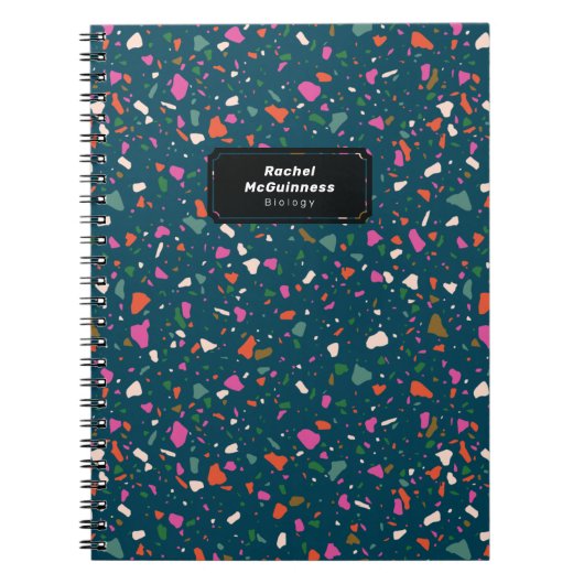 Blauwgroen Notitieboek Blue Terrazzo met naam en o (Voorkant)