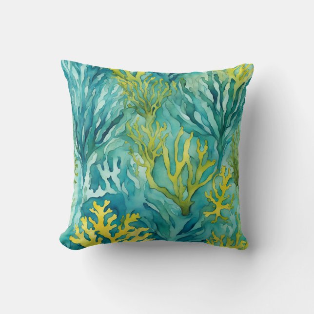 Blauwgroen Oceaan Zeewier Koraal Beachy Nautisch Kussen (Voorkant)