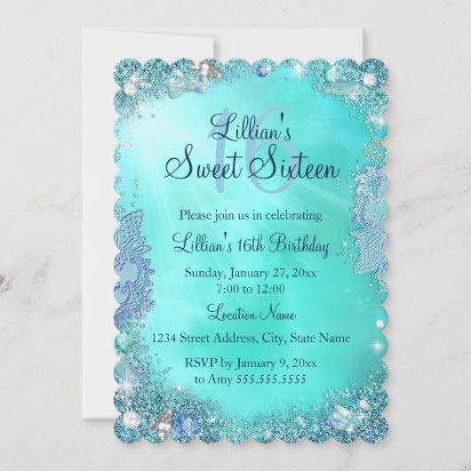 Blauwgroen Ocean Jewel Sweet 16 Birthday Uitnodigi Kaart (Voorkant)