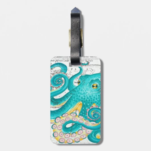 Blauwgroen Octopus Nautical Map Waterverf Bagagelabel (Achterkant verticaal)