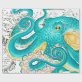 Blauwgroen Octopus Nautical Map Waterverf Cadeaupapier (Vlak)