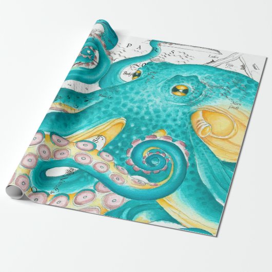 Blauwgroen Octopus Nautical Map Waterverf Cadeaupapier (Uitgerold)