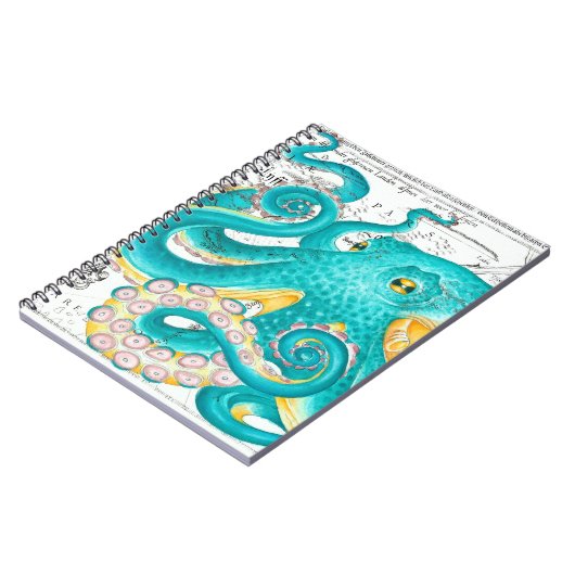 Blauwgroen Octopus Nautical Map Waterverf Notitieboek (Linkerzijde)