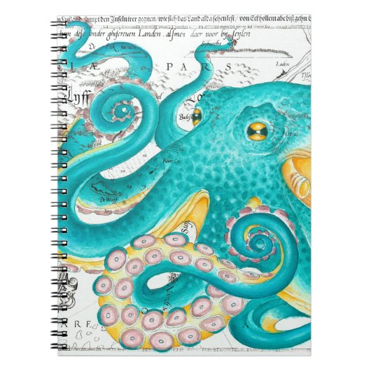 Blauwgroen Octopus Nautical Map Waterverf Notitieboek (Voorkant)