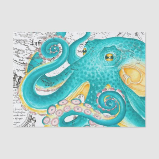 Blauwgroen Octopus Nautical Map Waterverf Tissuepapier (Voorkant)