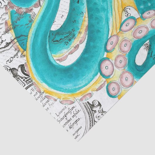 Blauwgroen Octopus Nautical Map Waterverf Tissuepapier (Detail)