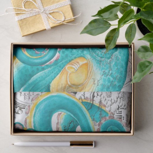 Blauwgroen Octopus Nautical Map Waterverf Tissuepapier (Geschenk)
