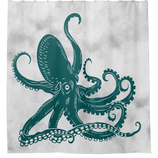 Blauwgroen octopus op Antiek achtergrond Douchegordijn (Voorkant)