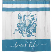 Blauwgroen octopus strand life script white rustiw douchegordijn (Voorkant)