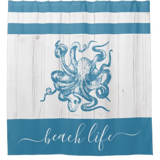 Blauwgroen octopus strand life script white rustiw douchegordijn (Voorkant)