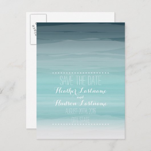 Blauwgroen Ombré Beach bruiloft Bewaar de datum Aankondigingskaart (Voorkant / Achterkant)