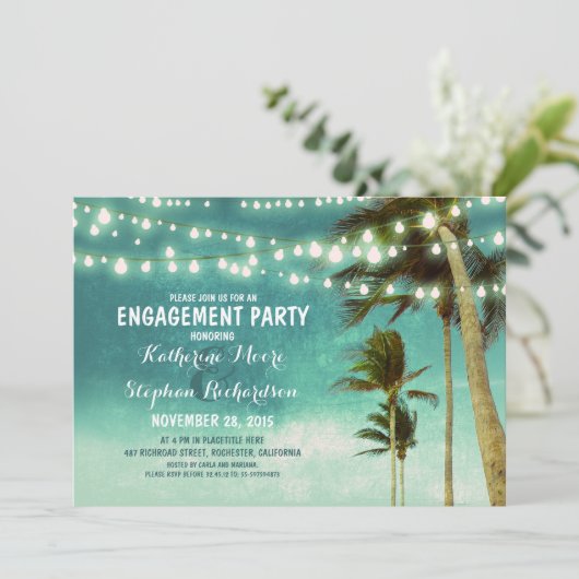 blauwgroen Ombre Beach Engagement Party String Lig Kaart (Staand voorkant)