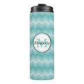 Blauwgroen Ombre Chevron Monogram Thermosbeker (Voorkant)