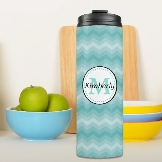 Blauwgroen Ombre Chevron Monogram Thermosbeker