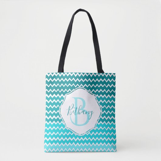 Blauwgroen Ombre Chevron Persoonlijke Canvas tas (Voorkant)