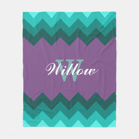 Blauwgroen Ombre Chevrons Monogram Fleece Blanket (Voorkant)
